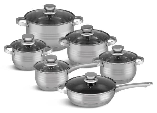 Komplet garnków ze stali nierdzewnej 24cm 6.6l Edenberg z szklanymi pokrywkami i ergonomicznymi uchwytami, idealny do gotowania na każdej kuchence.