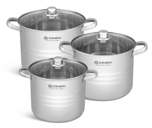 Komplet garnków ze stali nierdzewnej 7.3L, 9.0L, 11.2L marki Edenberg z pokrywkami i ergonomicznymi uchwytami