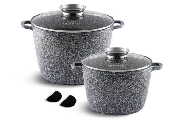 Zestaw garnków granitowych 6.2l i 10.0l Edenberg z powłoką non-stick, szklanymi pokrywkami i ergonomicznymi uchwytami.