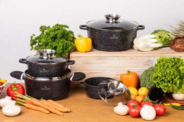 Zestaw garnków marmurkowych 1.3l-6.8l Edenberg z powłoką non-stick, pokrywkami szklanymi i ergonomicznymi uchwytami, idealny do każdej kuchni.