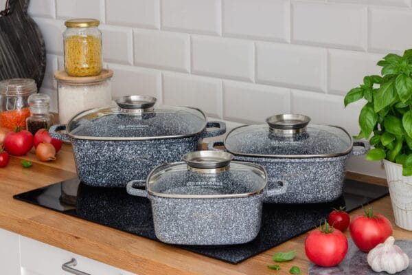 Zestaw garnków z powłoką granitową 20cm 24cm 28cm Edenberg – trzy garnki z szklanymi pokrywkami, nieprzywierająca powłoka, nowoczesny design